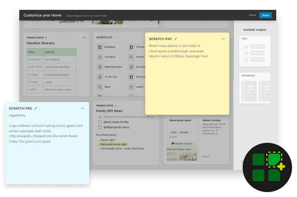 Image of multiple scratch pad widgets within Home dashboard
