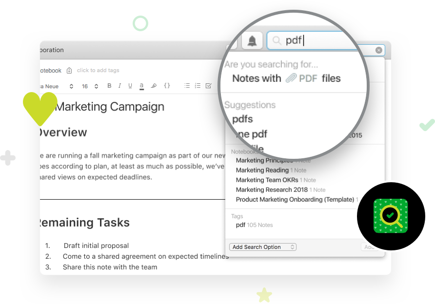 Screenshot image, depicting Evernote PDF search capabilities