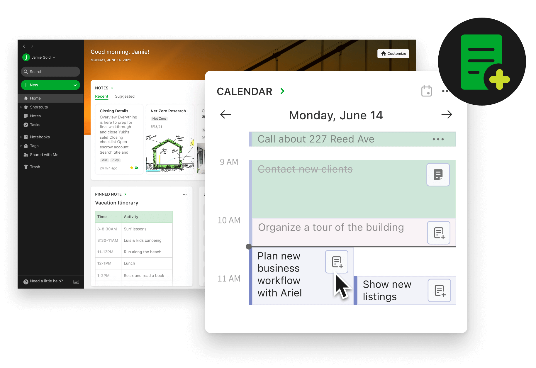 Gambar menyorot detail kalender di dasbor Beranda