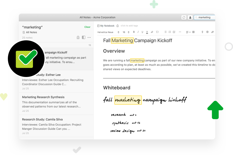 Screenshot image, depicting Evernote PDF search capabilities, including the ability to search images for handwritten text