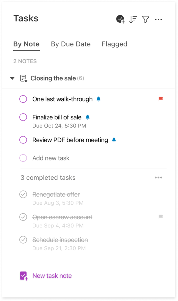 Screenshot of tasks in a note in Evernote.