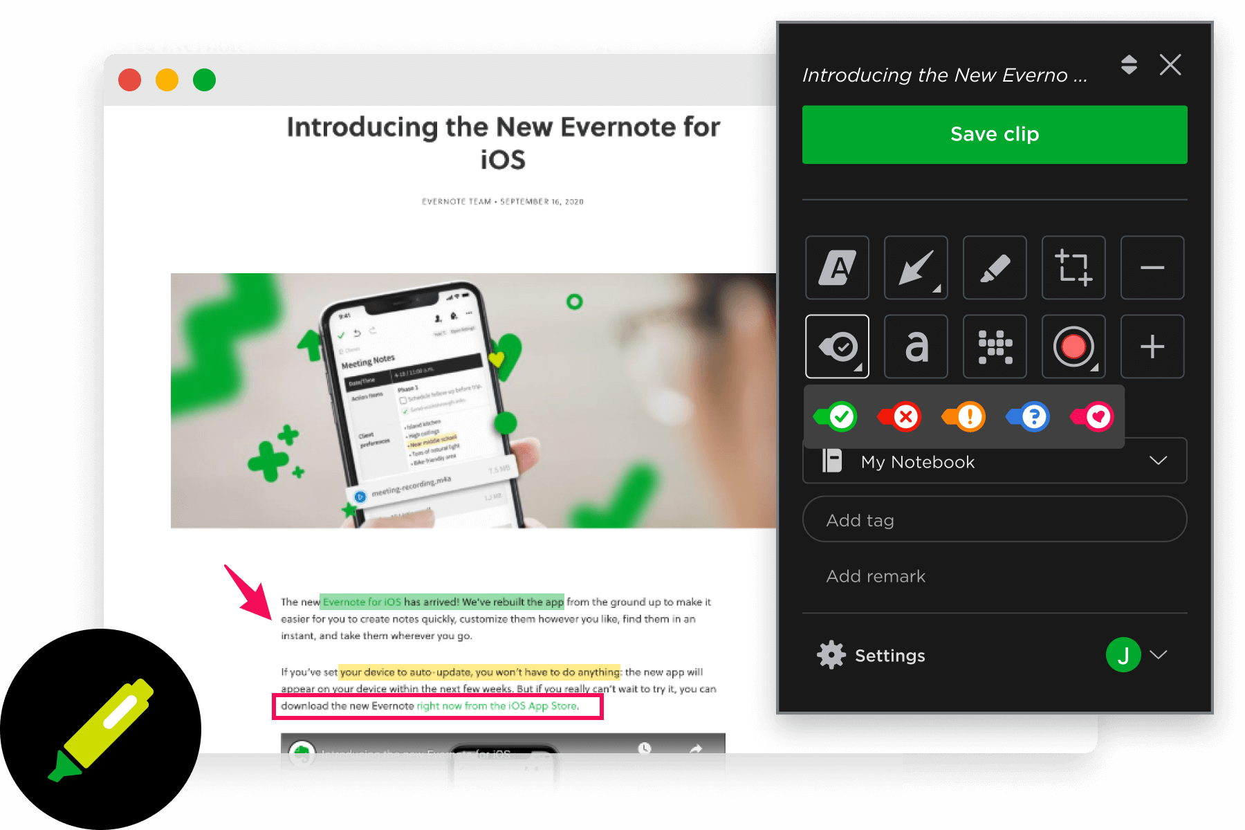 Tag et skærmbillede af en hjemmeside og tilføj highlights, tekst og annoteringer med Evernotes app