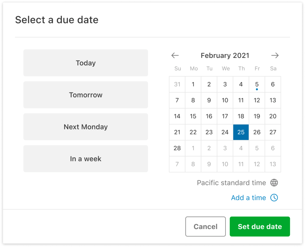 Screenshot of the task due date selector in Evernote.