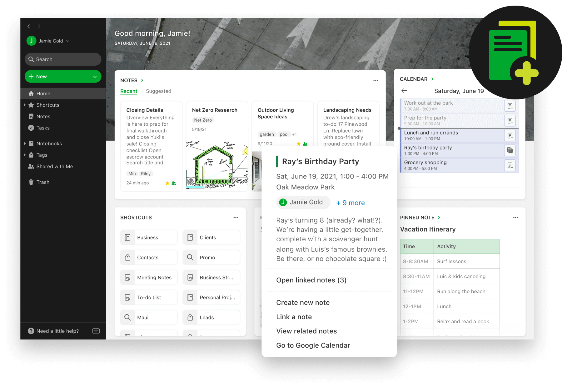 Imej kalendar dan nota mesyuarat yang dipautkan