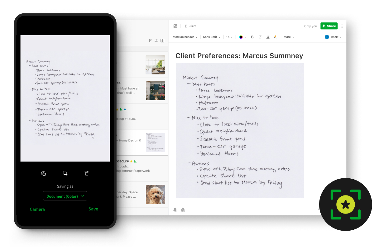 Image of paper document and screenshot of Evernote's free document scanning app feature for Android and iPhone